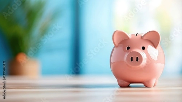 Fototapeta Save for summer adventures with a cheerful pink piggy bank