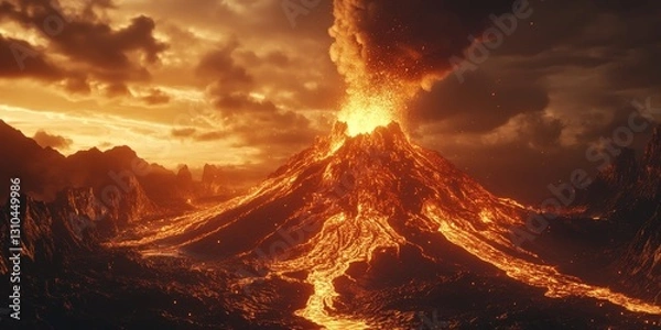 Fototapeta Erupting Volcano with Lava Flowing and Smoke