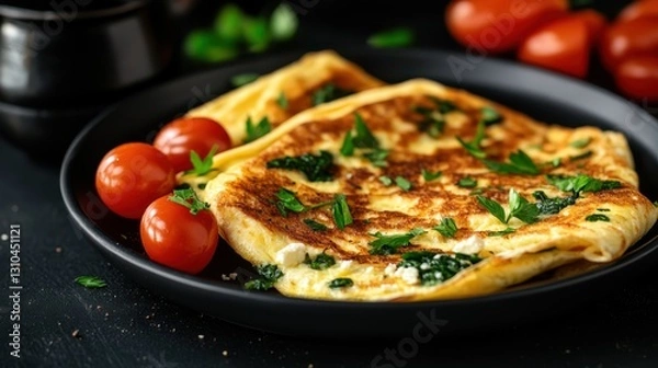 Fototapeta Healthy breakfast featuring spinach and feta omelette with toasted sourdough