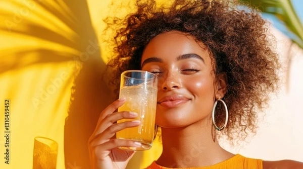 Fototapeta Curly haired woman enjoys a refreshing drink under the sun's warm glow