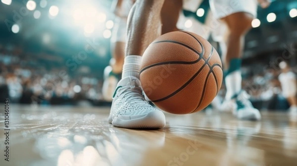 Fototapeta Close-up of a basketball rolling on a polished court in a game