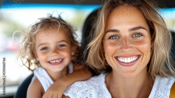 Fototapeta Smiling mother and daughter enjoying a joyful car ride on a sunny day