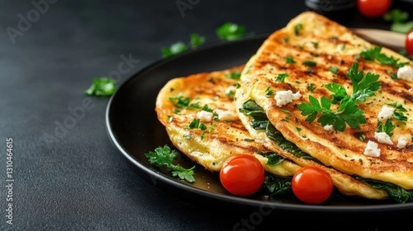 Fototapeta Healthy spinach and feta omelette with toasted sourdough for breakfast