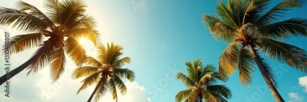 Fototapeta Palm trees sway gently in warm tropical breeze, nature, serene