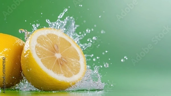 Fototapeta Lemon slices burst with refreshing lemonade against vibrant green backdrop