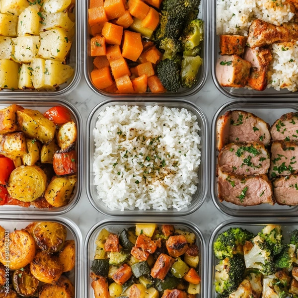 Fototapeta A top-down view of meal prep containers filled with rice, meat, and roasted vegetables, neatly arranged