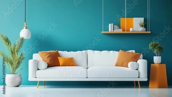 Obraz Teal Living Room with White Sofa and Orange Accents (1)