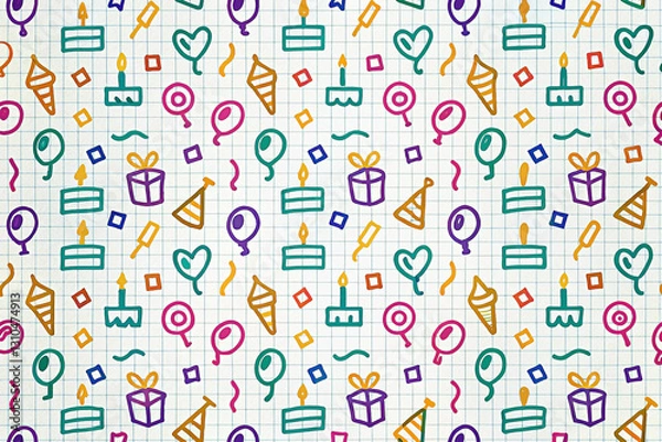Fototapeta Colorful hand-drawn birthday party seamless pattern on notebook paper.