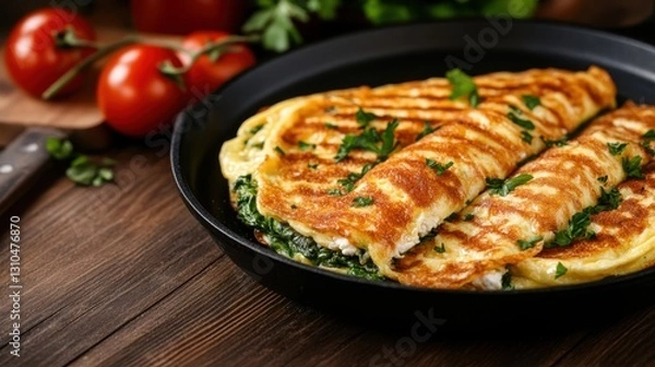 Fototapeta Healthy spinach and feta omelette served with toasted sourdough