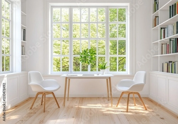 Fototapeta Bright minimalist home office with large window, white chairs, and built-in bookshelves.