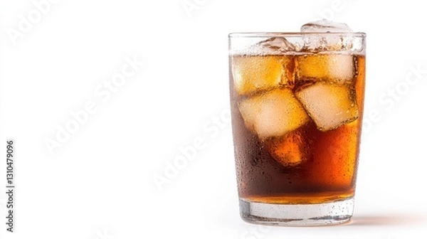 Fototapeta Chilled cola with ice in a glass against a bright backdrop