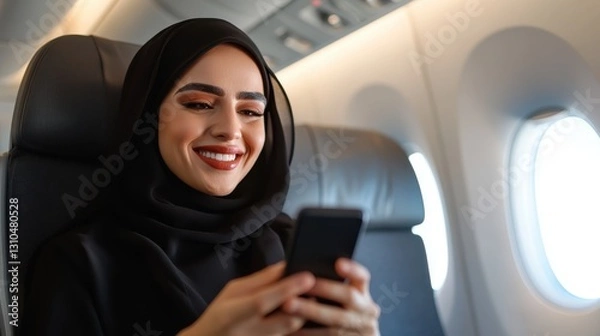 Obraz Woman in black attire enjoys her phone on a flight