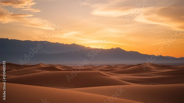 Fototapeta Scenic desert dunes and mountain range at sunrise. For travel and landscapes