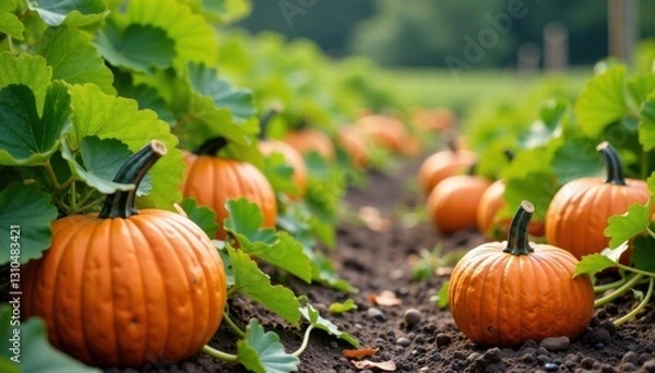Fototapeta Pumpkin patch with various gourds and vines in the foreground , plants, harvest, farm