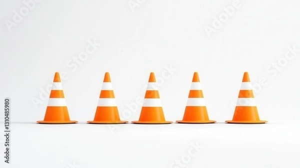 Fototapeta A symmetrical lineup of bright orange high visibility traffic cones arranged in a precise uniform pattern signaling safety caution and construction work ahead on the road or highway