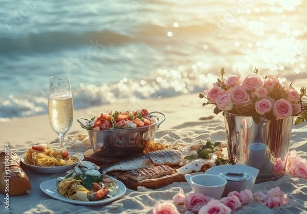 Obraz Romantic Beachside Dinner Setup with Fresh Seafood, Salad, Pasta, Champagne, and Beautiful Flower Arrangement on Soft Sand at Sunset