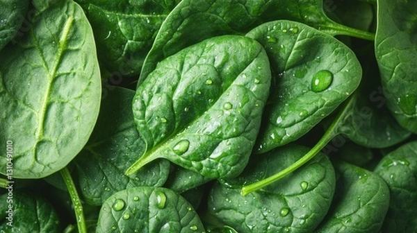 Fototapeta Fresh spinach leaves with water droplets, close-up view. (1)