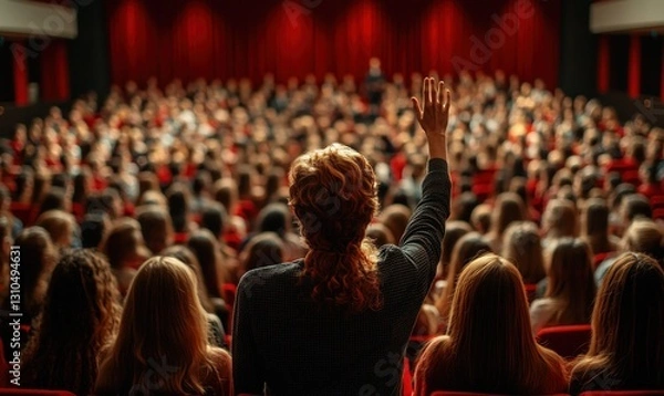 Fototapeta Engaged Audience at a Conference with a Woman Raising Hand for Participation in a Red-Curtained Venue
