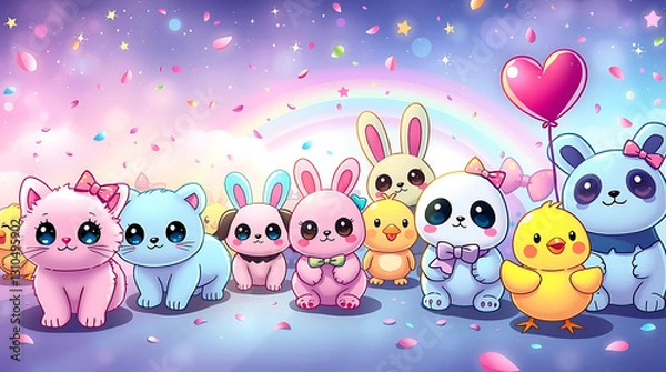 Fototapeta Cute pastel bunnies in princess crowns with colorful rainbow background, adorable kawaii bunnies with hearts and balloons, spring pastel aesthetic