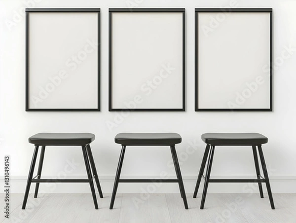 Fototapeta Modern Minimalist 3D Illustration: Black Frames and Stools