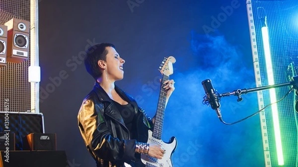 Fototapeta Woman rocker performing on electric guitar in a live show, delivering a powerful and energetic musical performance. Artist musician with an edgy style and rebellious grunge vibe. Camera A.