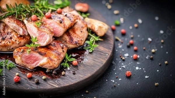 Fototapeta Hearty plate of food with savory meat and accompaniments for a satisfying dining experience on a wooden table