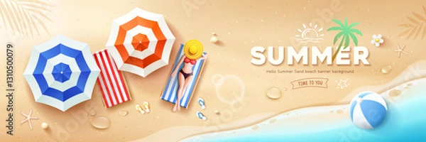 Fototapeta Beach umbrella and beach canvas bed, coconut leaf, poster banner design on sand beach background, Eps 10 vector illustration