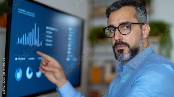 Fototapeta Businessman Analyzing Data Metrics on a Large Monitor Screen