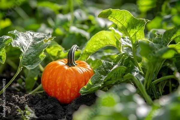 Obraz Small Orange Pumpkin Growing in Garden Patch