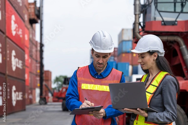 Fototapeta Two logistics workers man and woman discuss operations at a busy shipping container yard.