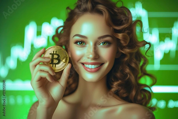 Fototapeta woman holding bitcoin blockchain technology - cryptocurrency