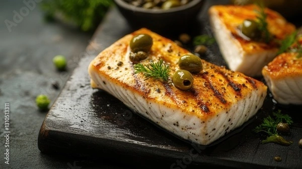 Fototapeta Whole fish displayed on a rustic wooden cutting board ready for preparation surrounded by fresh vegetables and herbs