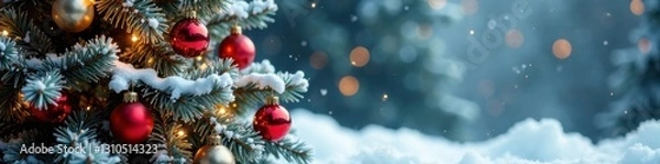 Fototapeta Snow-covered Christmas tree with ornaments and garlands , festive, branches, sparkling