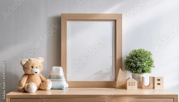 Fototapeta Wooden Picture Frame Mockup in Cozy Nursery Interior, Stylish Wooden Desk against White Backdrop, Invoking a Sense of Warmth and Serenity in this 3D Rendered Scene.