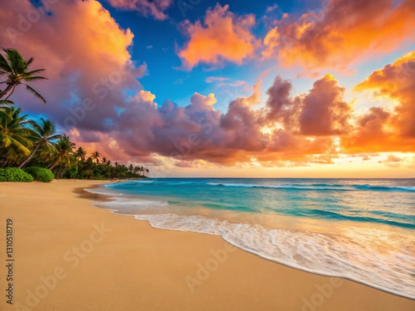 Fototapeta sunset on the beach. beach, sea, ocean, sky, sand, water, summer, nature, tropical, landscape, island, travel, coast, sun, clouds, horizon, wave, seascape, vacation, cloud, sunset, surf, paradise, sun