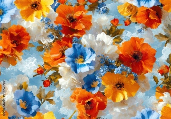 Fototapeta Colorful Floral Pattern with Poppies, Bluebells, and Clouds