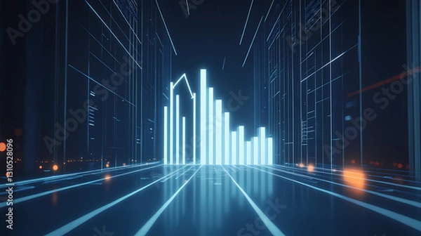 Fototapeta A white 3d bar graph rising upward, an arrow pointing upward with glowing lines surrounding the graph, all on a dark blue background. Shadowed - Corridor. Illustration