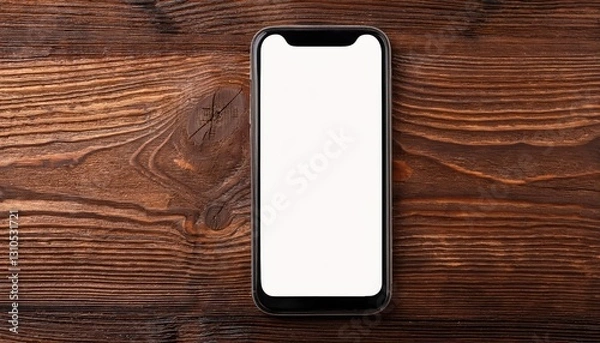 Fototapeta Minimalist Modernity Empty Smartphone Screen against Rustic Wooden Desk, Striking a Contrast in a Panoramic Banner