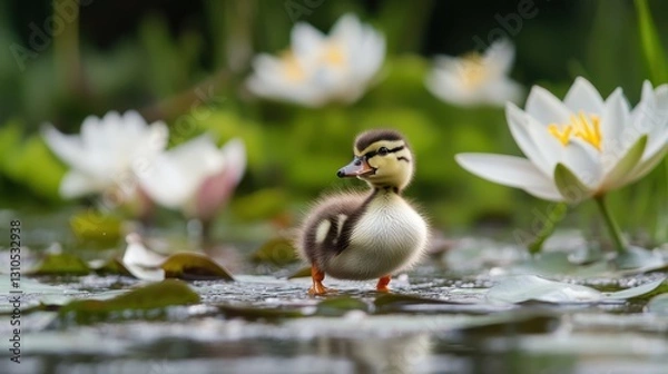 Fototapeta A duckling waddling near a pond surrounded by lilies