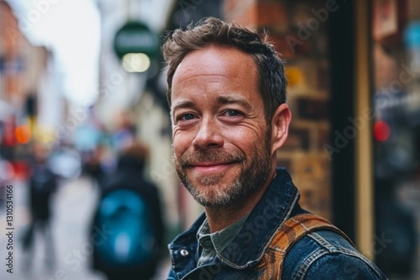 Fototapeta Portrait of a handsome middle-aged man in a denim jacket on the street of Paris, France.