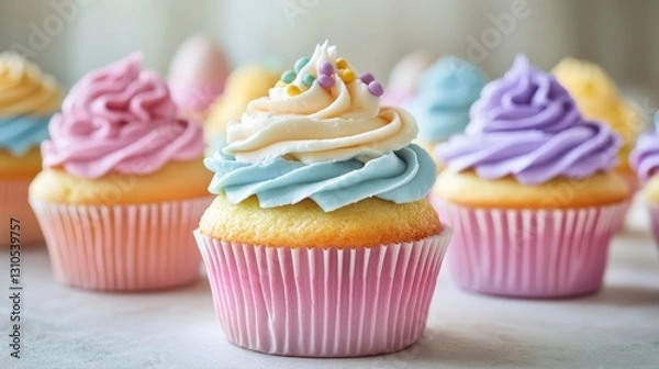 Fototapeta A soft-focus shot of Easter cupcakes with pastel frosting