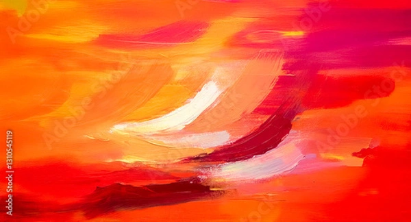 Fototapeta Vibrant brushstrokes of warm hues like red, orange, and yellow blend in an abstract painting, creating a fiery and energetic visual texture.