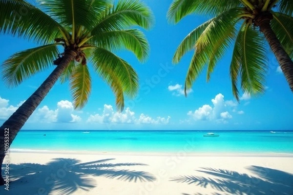 Fototapeta Azure sky, towering palms cast shadows on white sand, sand, shadow, beach