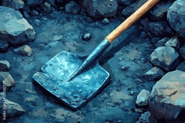 Obraz Weathered Metal Shovel Lying on Rocky Soil Surface Captures the Essence of Manual Labor, Highlighting Rugged Stone Terrain and Wooden Handle Texture