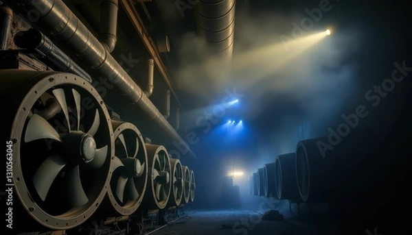 Fototapeta Industrial Foggy Environment with Large Fans and Dynamic Lighting