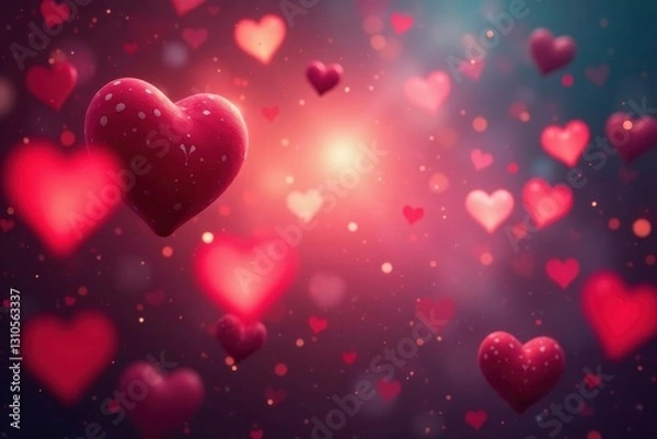 Fototapeta Blurred bokeh lights with floating red and white hearts , magical, valentine
