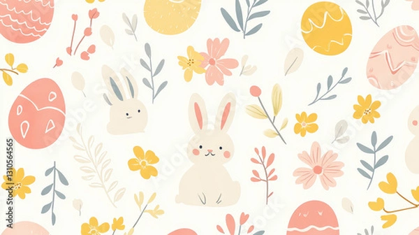 Fototapeta Easter seamless pattern with cute bunnies, eggs, and flowers. Vector illustration on a white background