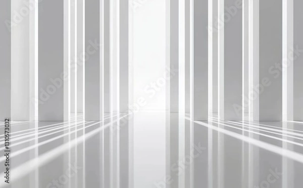 Fototapeta Crisp White Minimalist Interior with Reflective Glass Panels Creating a Dreamlike Atmosphere