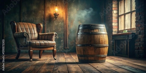 Fototapeta A retro old barrel sitting alone in a dimly lit room with a blurred background and wooden floor, furniture, vintage