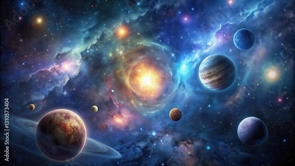 Fototapeta Celestial bodies in a dark space, nebulae, galaxies,  nebulae,galaxies, night sky, galaxy cluster, cosmic landscape